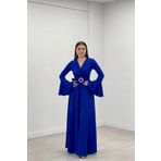 giyimmasalı Krep Kumaş Kolları Volan Detaylı Maxiboy Abiye Elbise - SAKS MAVİ