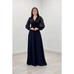 giyimmasalı Payet Kumaş Kolları Tül Abiye Elbise - Siyah - 38