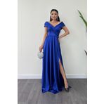 giyimmasalı Saten Kumaş Kayık Yaka Abiye Elbise - Saks Mavi