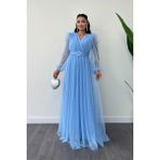 Giyimmasalı Tül Kumaş Kruvaze Yaka Maxi Elbise - Bebe Mavisi - 38