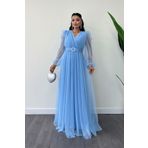 giyimmasalı Tül Kumaş Kruvaze Yaka Maxi Elbise - BEBE MAVİSİ