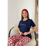 Giysa Kadın Bisiklet Yaka Desenli Kısa Kollu Pijama Takımı Lacivert - 26Y 2601 - XL