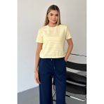 GİYSA Kadın Bisiklet Yaka Kısa Kollu Çizgili Sweatshirt Sarı - MS0001301