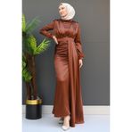giz astore Tüylü Saten Tesettür Elbise Kahve