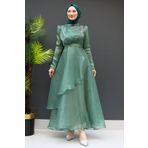 Giza Giyim Taşlı Organze Abiye Soft Yeşil
