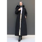 Giza Store Aysema Siyah Kürklü Şişme Mont Kapitone Kumaş Düz Desenli Uzun Kol Kadın Modası - 42