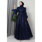 Giza Store Betül Tesettür Abiye Tül Kumaşlı Lacivert Renkli Özel Tasarım Kadın Elbise - 44
