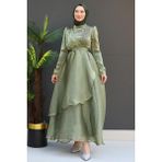 Giza Store Taşlı Organze Abiye Fuşya - Yağ Yeşili - 44