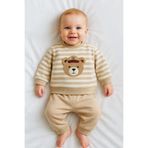 GizaKids%100 Pamuk Erkek Bebek Alt Üst Takım/Bebek Pijama Takımı Eşofman, 3-6 AY, Bej-Beyaz, ayılıtkm