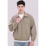 Gizrain Erkek Haki Gabardin Kumaş Fermuarlı Oversize Beli Lastikli Mevsimlik Mont Ceket