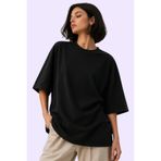 Gizrain Kadın Siyah Oversize Oysho Kumaş Basic Tişört - Salaş Kalıp Rahat Kesim
