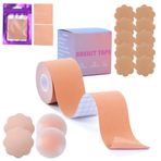 Gkaopi Tape 5 cm x 5 m yapışkan sütyen, 4 tekrar kullanılabilir görünmez göğüs, göğüs ucu pedi ve 10 göğüs ucu koruması, gece elbisesi, balo elbisesi, gelinlik için, et rengi, 01