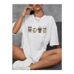 Glam Love Kadın Kahve Desen Baskılı Tişört Kısa Kol Bisiklet Yaka Oversize T-Shirt - Beyaz