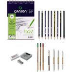 Glance Canson 1557 Eskiz Defterli 8 Parça Karakalem ve Kuruboya Kalemi Çizim Seti A5 120 Gram