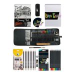 GLANCE Eskiz Defteri A5 120 gr 50 yp Black Edition Boya Kalemi 12 Renk Cepli Siyah Kalemlik 24 bölmeli Set
