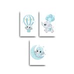 glassify 3’lü Mavi Yavru Fil MDF Bebek Odası/Çocuk Odası Tablo Seti 25 x 35