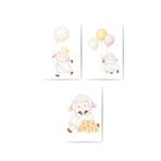 glassify 3’lü Sevimli Kuzucuklar & Balonlar MDF Bebek Odası/Çocuk Odası Tablo Seti 25 x 35