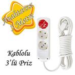 GLASWEN Anahtarsız Kablolu 3 Lü Topraklı Çoklu Grup Priz Çoğaltma Üçlü Fiş Piriz 5 Metre Beyaz