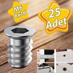 GLASWEN Metal Düz Dişli Dübel Ahşap Dübeli M6 8x16 Diş Çinko Mobilya Bağlantı Ünite Birleştirme (25 Adet)