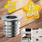 GLASWEN Metal Düz Dişli Dübel Ahşap Dübeli M8 10x15 Diş Çinko Mobilya Bağlantı Ünite Birleştirme (25 Adet)