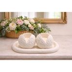 Glaze Mud 2’li Beyaz Taş Dokulu Dekoratif Mum ve Oval Tepsi Seti - Amber