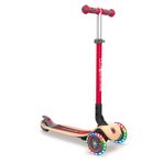 GLOBBER Primo katlanabilir ahşap ışıklar – Pedallı scooter, 120/80 mm, ABEC 5, 3 tekerlekli, LED ışıklı tekerlekler, ahşap kaplama, kırmızı