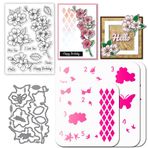 GLOBLELAND Kiraz çiçekleri şeffaf pullar Metal çiçek ve bırakın kesme kalıp kesimler katmanlama çiçek ve kelebek PET boya el sanatları şablonlar kart yapımı için Scrapbooking zanaat kendin yap