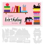 GLOBLELAND Kitap ve kedi baskı kalıpları, kart dekorasyonu için, kedi doğum günü, elma kalemi, kitaplık, zımba kalıpları, koleksiyon defteri için şablonlar, fotoğraf albümü dekoratif