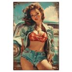GLOBLELAND Vintage Pin Up Lady Metal Tabela 20 x 30 cm Vintage Klasik Araba Sanat Plaketi Poster Duvar Dekorasyonu Ev Banyo Bar Bar için Kahve Mağazası Kulüp Dekorasyon