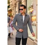 Gm Giyimarket Erkek Uzun Kaşe Kaban 800 g Dar Kesim Biker Yaka Kışlık Düz Desen - 2XL - Gri