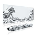GMKWTL Masa için Büyük Oyun Fare Altlığı, Kanagawa XXL Mouse Pad 35,4 x 15,7 inç, Su Geçirmez Masa Pedi, Kaymaz Kauçuk Tabanlı Fare Pedi, Klavye Pedi Bilgisayar Paspası, Beyaz Mouse Pad
