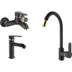 GMS Zirve Siyah Altın Banyo Eviye Lavabo Batarya Seti