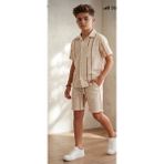 Gny Giyim Erkek Çocuk Yazlık Çizgili Gömlekli Şortlu Takım - Bohem Stil - 9-10Y - Krem