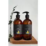 GO BLOBS 2'li Set 500ml Amber Kahverengi Cam Şişe Bebek Şampuanı & Bebek Yağı Siyah Etiketli (kahverengi(bebek şampuanı bebek yağı))