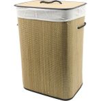 Go İthalat Dikdörtgen Hasır - Ahşap Kirli Çamaşır Sepeti 42X32X60CM Seyyar Kapaklı Içi Bezli Ip Kulplu (784)