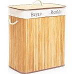 Go İthalat DİKDÖRTGEN İKİ BÖLMELİ İÇ BEZ BAMBU AHŞAP KİRLİ ÇAMAŞIR SEPETİ İP KULP 52X32X62CM (5365)