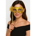 Go İthalat Lüks Taşlı Saplı Maskeli Balo Maskesi Altın Renk 35 cm (5365)