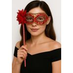 Go İthalat Lüks Taşlı Saplı Maskeli Balo Maskesi Kırmızı Renk 35 cm (5365)