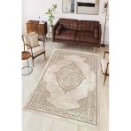 Göbekli Klasik Desen Baskılı Kaymaz Yıkanabilir Salon Oturma Odası Mutfak Halısı Yolluk 120 X 180 Cm Bej