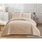 Goblette Home Petek Serisi Çift Kişilik Welsoft Yumuşak Pelüş Battaniye & Yatak Örtüsü Seti | 3D Waffle Desenli (4 Renk) - Vizon - 230 x 250 cm