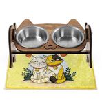 GOBYPET Ahşap Kedi Mama ve Su Kabı ile Kedi Köpek Paspası - Demonte Kedi Mama Su Kabı, Çift Hazneli Seramik Mama ve Su Kabı - Ayarlanabilir Mama Kabı (Gri Metal)