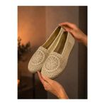 Godystep Flora Krem Mandala Çiçek Nakışlı Örgü Hasır Tabanlı Bağcıksız Kadın Loafer