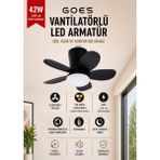 Goes 42W Tavan Vantilatörü LED Avize Armatür 64CM 6 Kademeli Kumandalı Tersine Dönüş Gece Lambası Modlu - Siyah