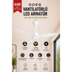 Goes Büyük Boy Tavan Vantilatörü LED Avize 132CM 65 Watt 6 Kademeli Kumandalı ve Telefon Uygulaması Kontrollü Gva-64 - Beyaz