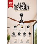 Goes Büyük Boy Tavan Vantilatörü LED Avize 132CM 65 Watt 6 Kademeli Kumandalı ve Telefon Uygulaması Kontrollü Gva-64 - Siyah - Kiraz