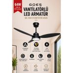 Goes Büyük Boy Tavan Vantilatörü LED Avize 132CM 65 Watt 6 Kademeli Kumandalı ve Telefon Uygulaması Kontrollü Gva-64 - Siyah