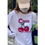 Gofeel Beyaz Unisex Cherry Sweet Girl Uzun Kol T-Shirt