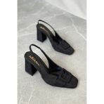 GOFFSHOES Kadın Jine Köşe Burun Kare Toka Topuklu Ayakkabı - Siyah Süet