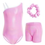 Gogokids Kız çocukları için üç parçalı kolsuz jimnastik kıyafeti, şortlu, çapraz omuz askılı, bale jimnastik kostümü, Leotard, şort ve saç bandı içerir, yaş 3-12, Pembe., 130(120-130 cm,8-9Y)