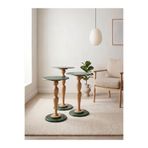 goji home decor 3’lü Ahşap Zigon Sehpa Seti Metal Tabla Yeşil 35 cm Çap 50-55-60 cm Naturel Ceviz Modern Dekoratif
